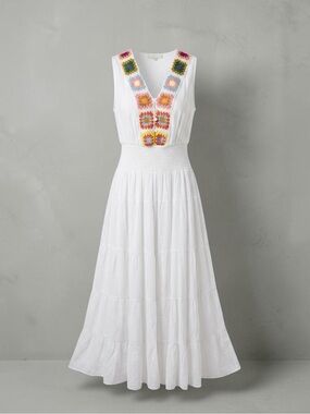 J Gee White Boho Tiered Maxi Dress with Colorful Granny Square Crochet Trim